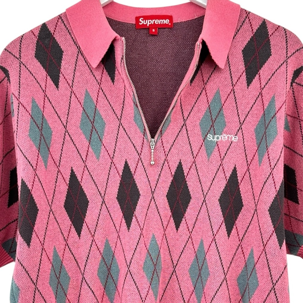 [sold] Supreme FW21 Pink Argyle Polo Quarter Zip Knit Short Sleeve Polo Sweater - Picture 2 of 7